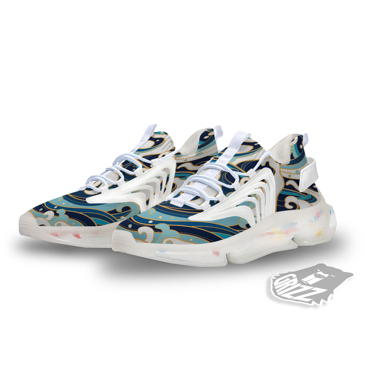 Ocean Wave Print White Gym Shoes-grizzshop
