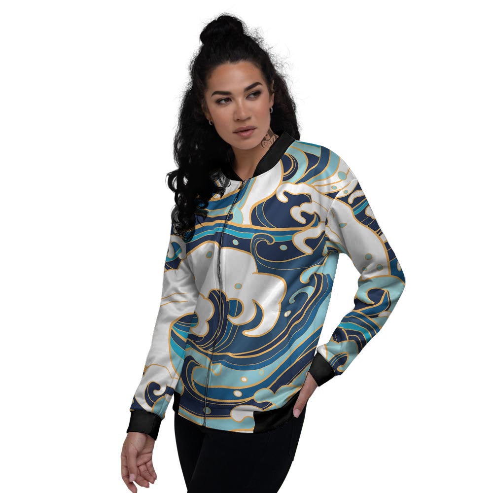 Ocean Wave Print Women's Bomber Jacket-grizzshop