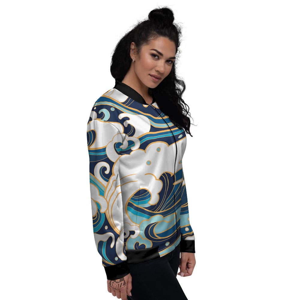Ocean Wave Print Women's Bomber Jacket-grizzshop