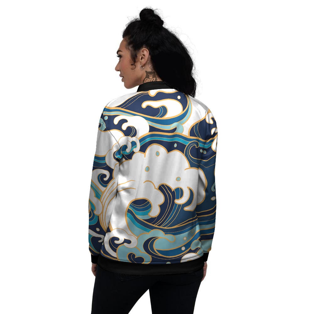 Ocean Wave Print Women's Bomber Jacket-grizzshop