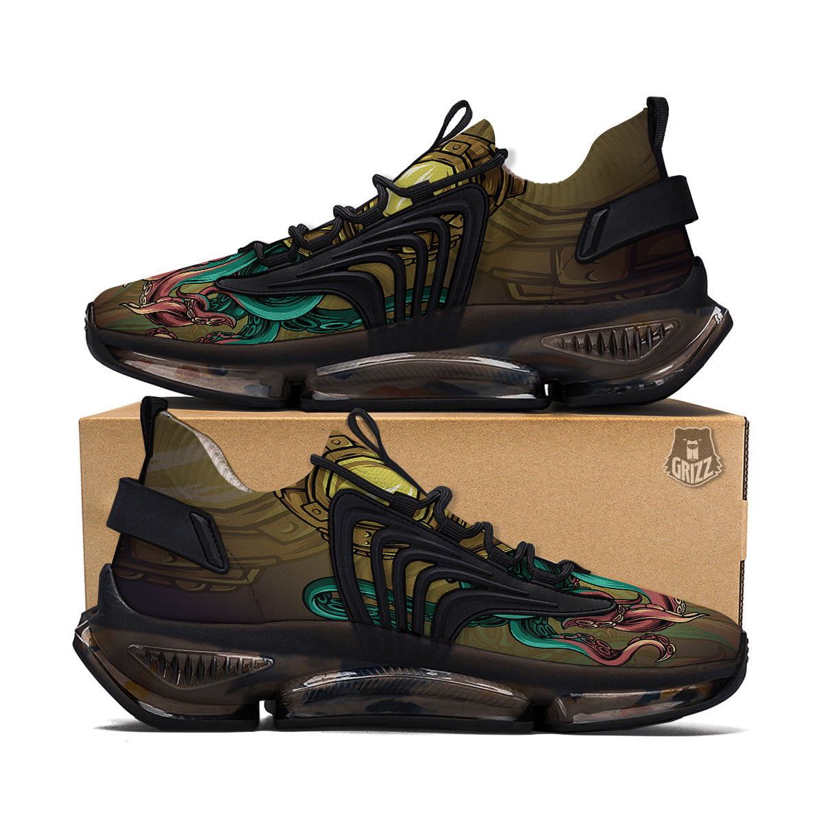Octopus And Diving Helmet Print Black Gym Shoes-grizzshop