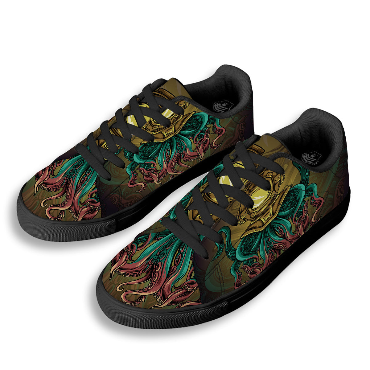 Octopus And Diving Helmet Print Black Low Top Sneakers-grizzshop