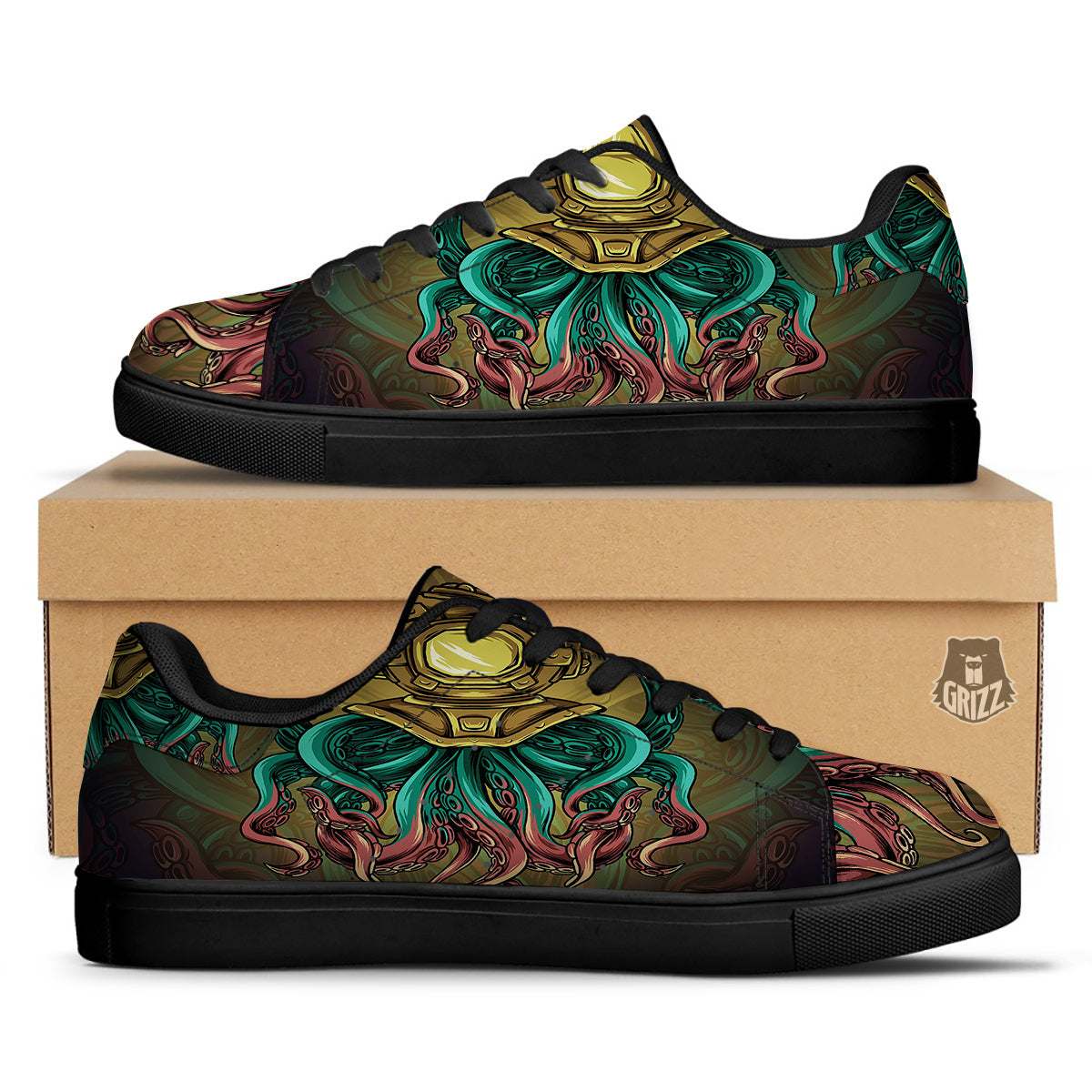 Octopus And Diving Helmet Print Black Low Top Sneakers-grizzshop