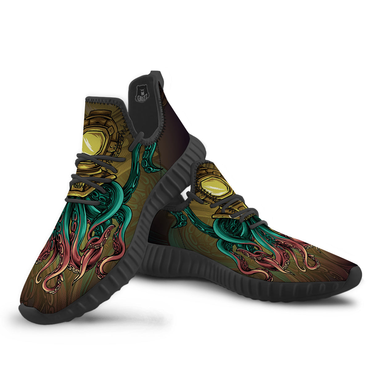 Octopus And Diving Helmet Print Black Walking Shoes-grizzshop