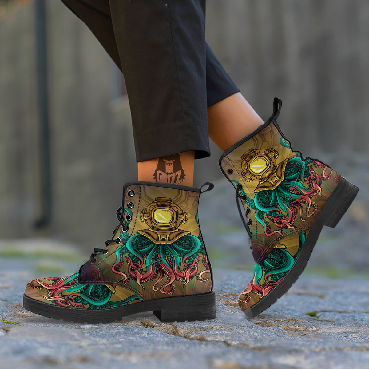 Octopus And Diving Helmet Print Leather Boots-grizzshop