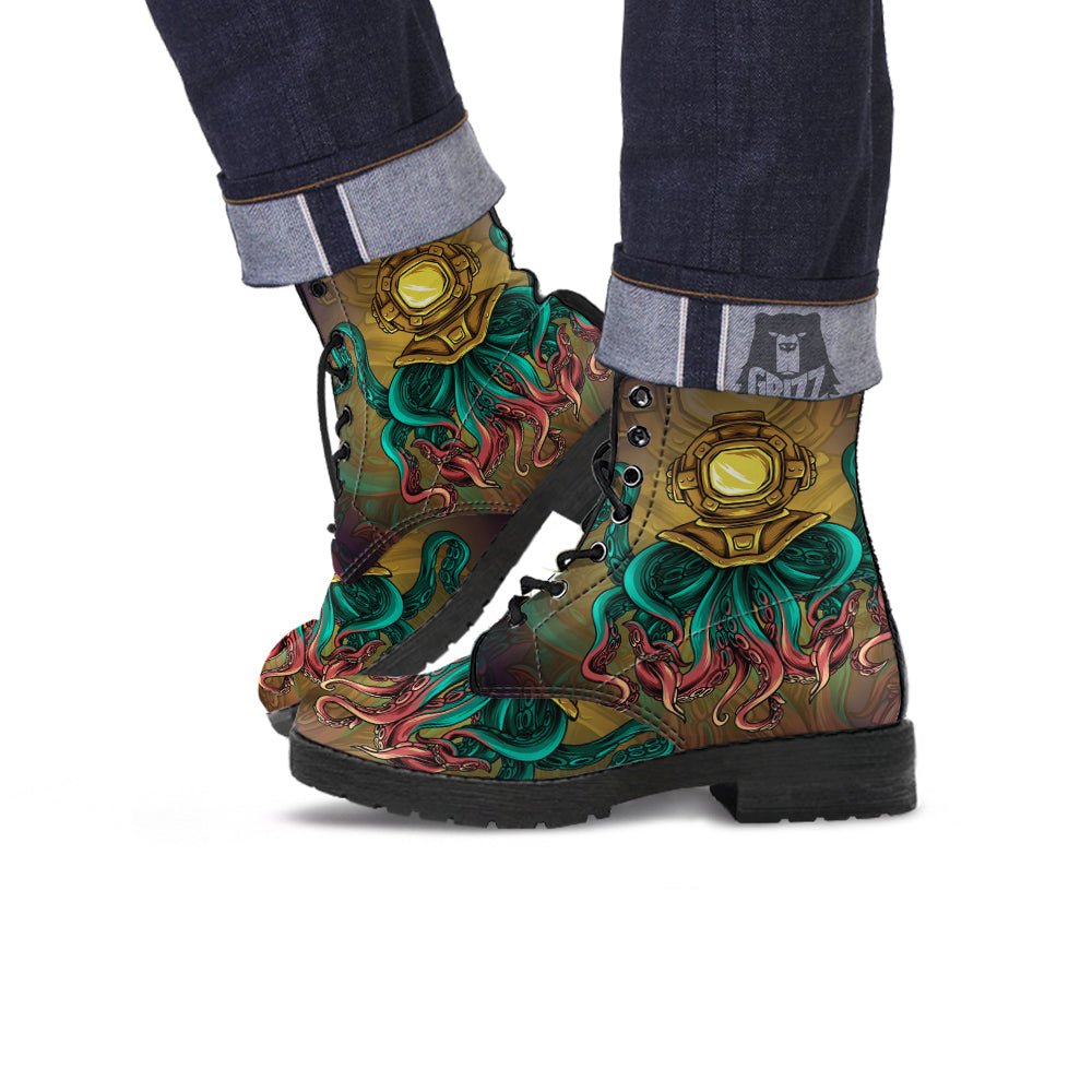 Octopus And Diving Helmet Print Leather Boots-grizzshop