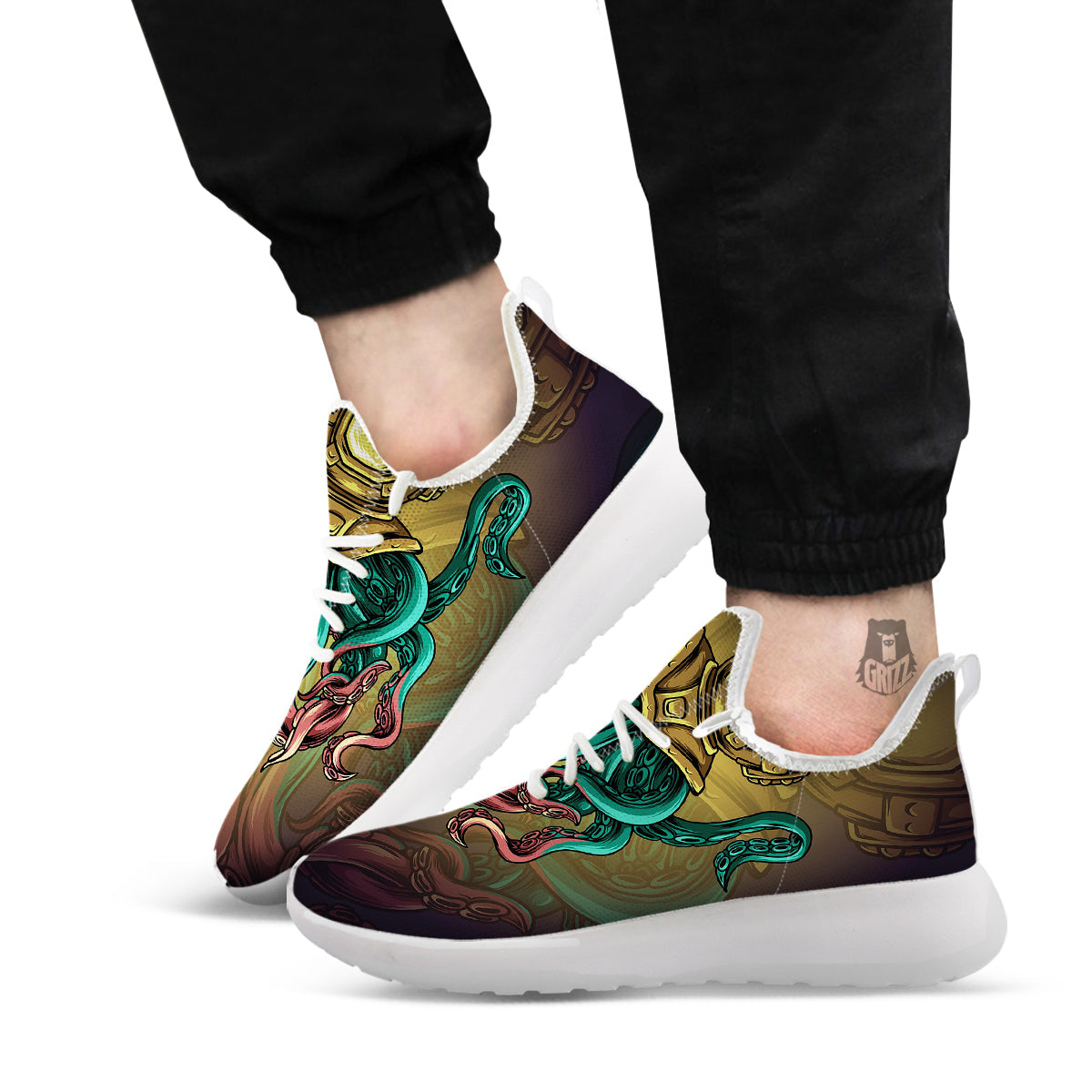 Octopus And Diving Helmet Print White Athletic Shoes-grizzshop