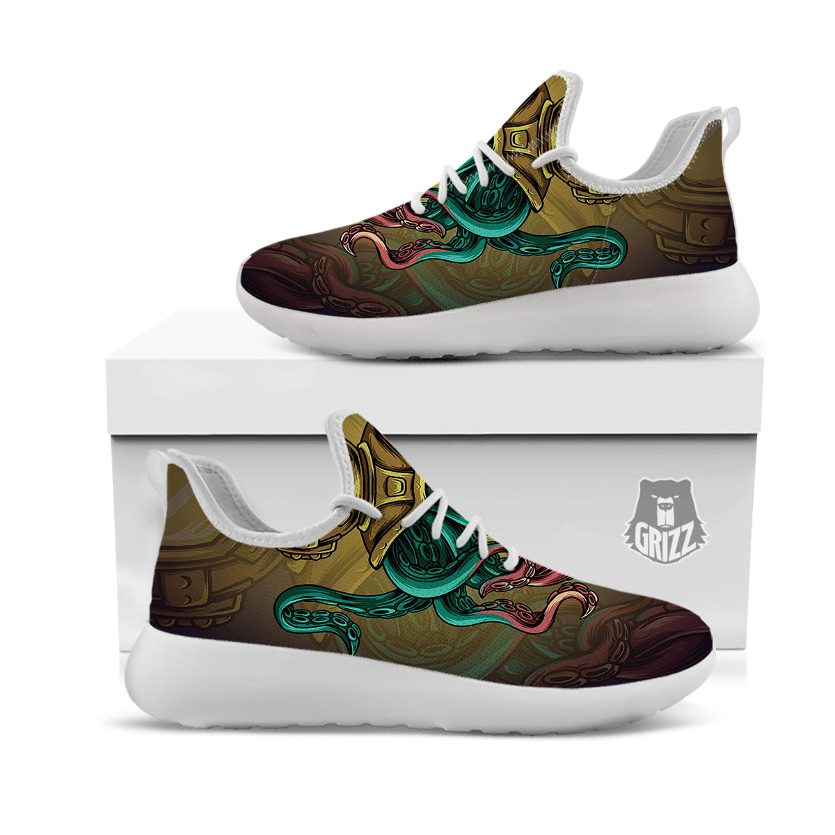 Octopus And Diving Helmet Print White Athletic Shoes-grizzshop