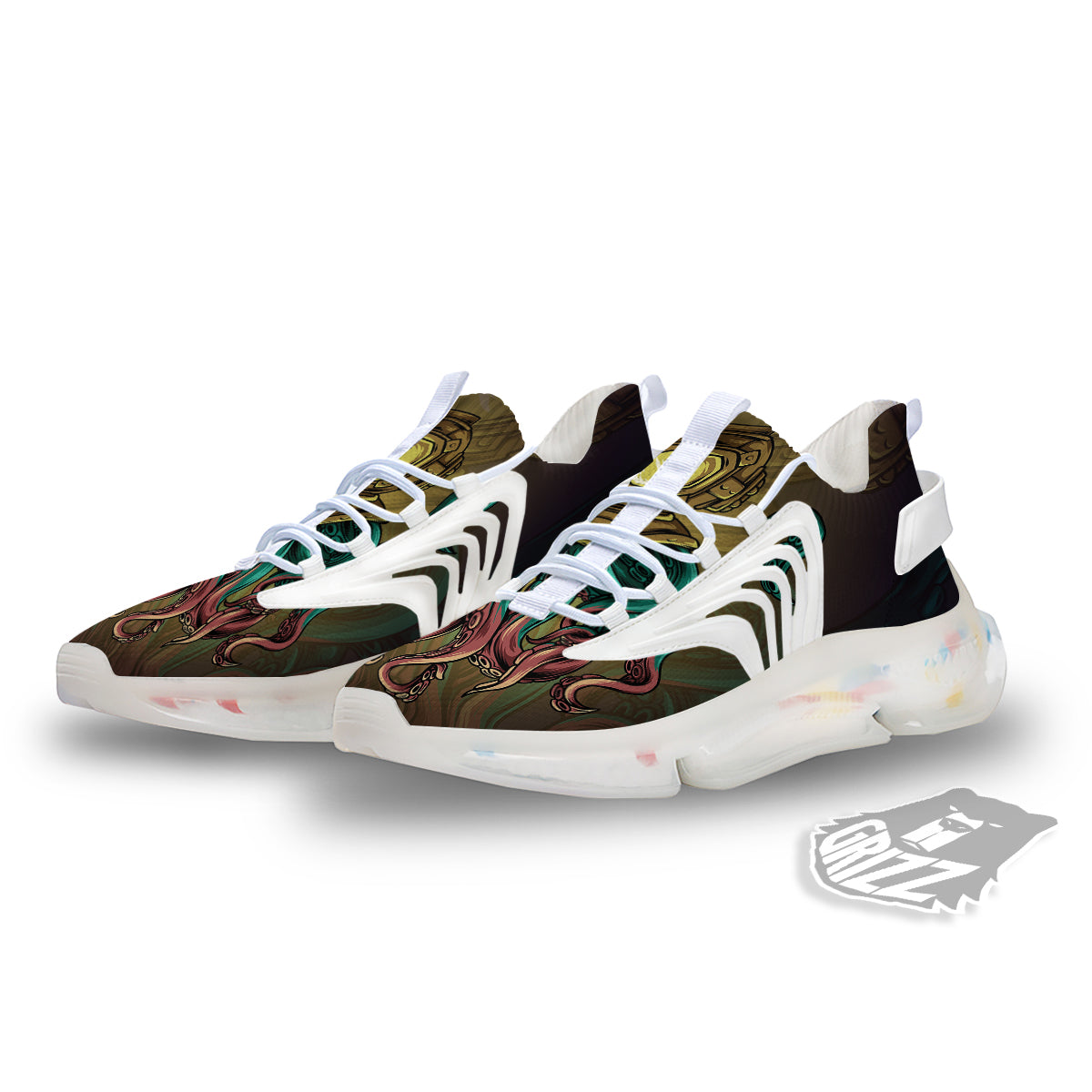 Octopus And Diving Helmet Print White Gym Shoes-grizzshop
