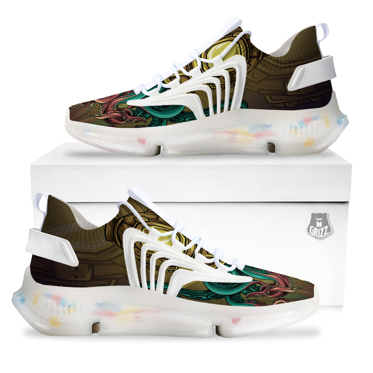 Octopus And Diving Helmet Print White Gym Shoes-grizzshop