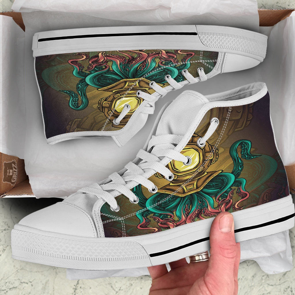 Octopus And Diving Helmet Print White High Top Shoes-grizzshop