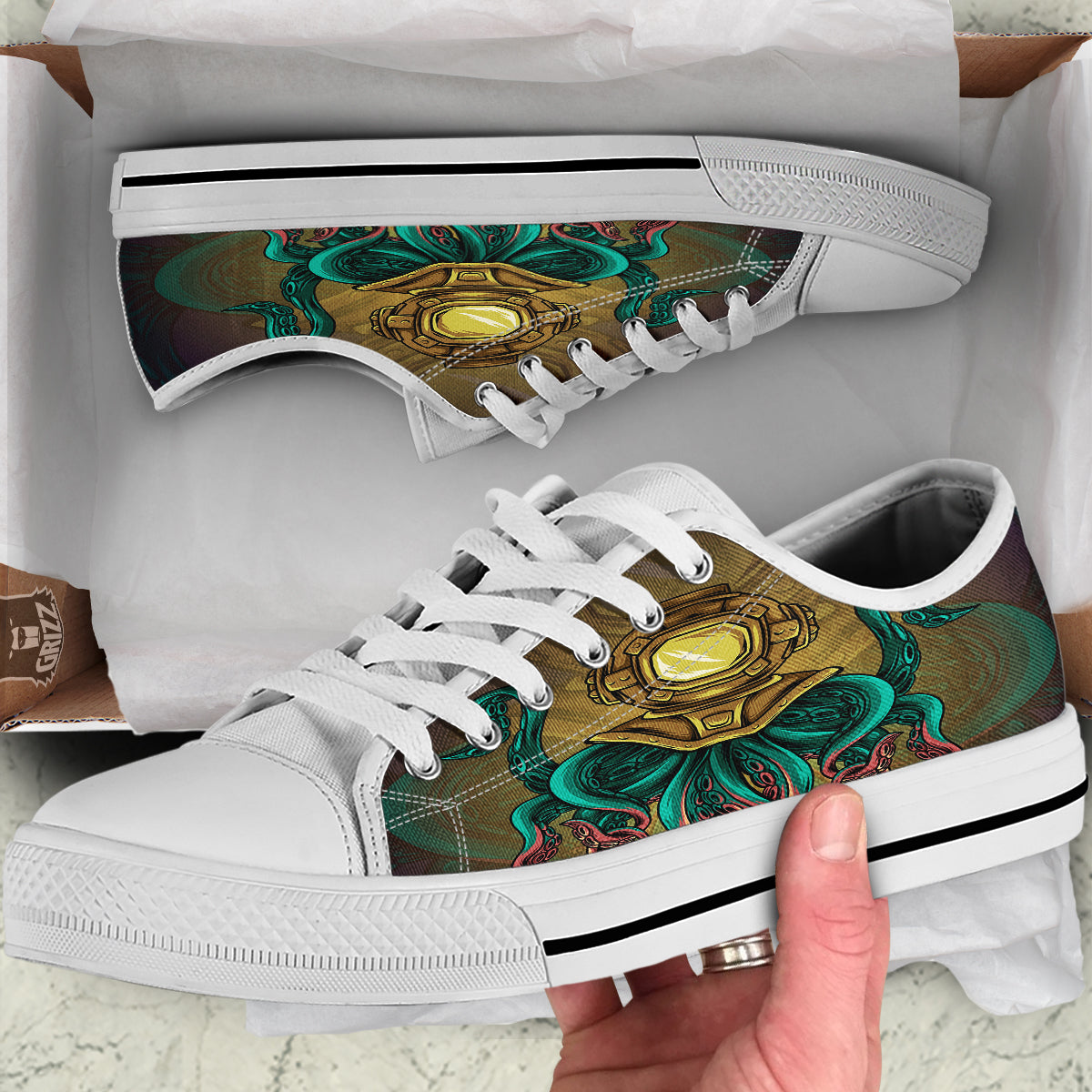 Octopus And Diving Helmet Print White Low Top Shoes-grizzshop
