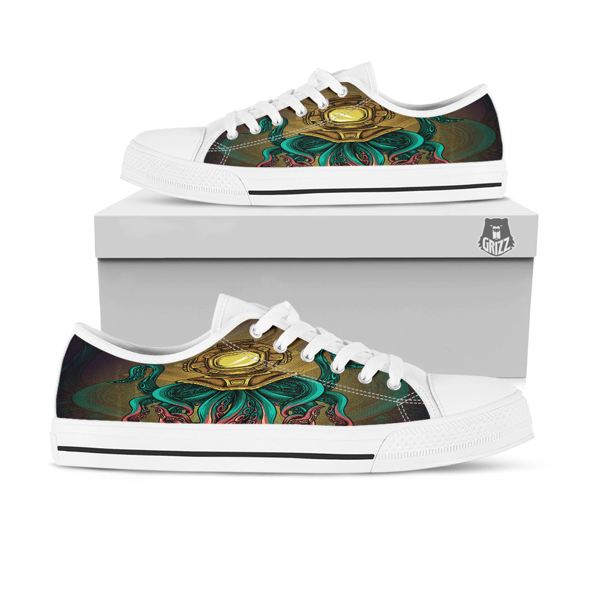 Octopus And Diving Helmet Print White Low Top Shoes-grizzshop