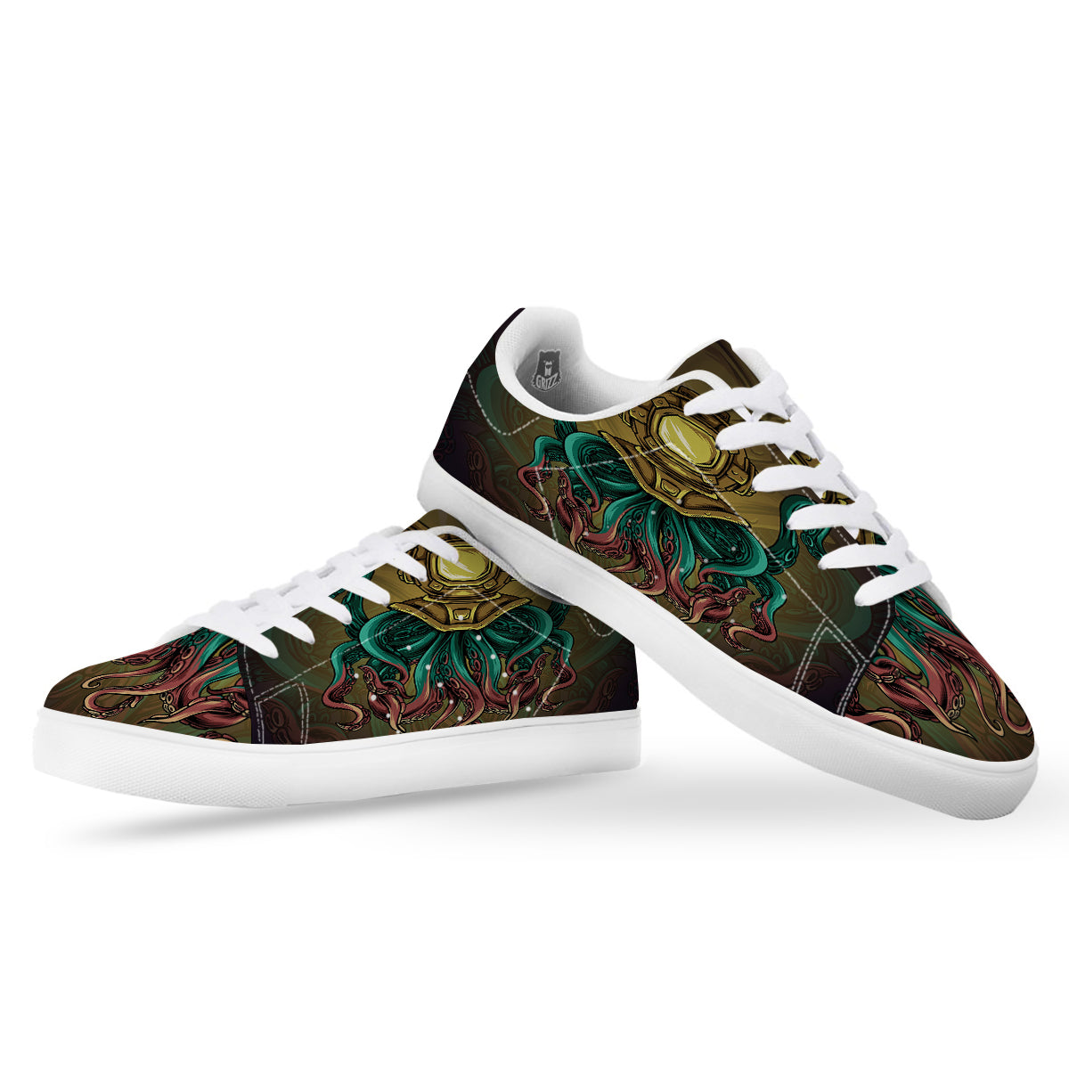 Octopus And Diving Helmet Print White Low Top Sneakers-grizzshop