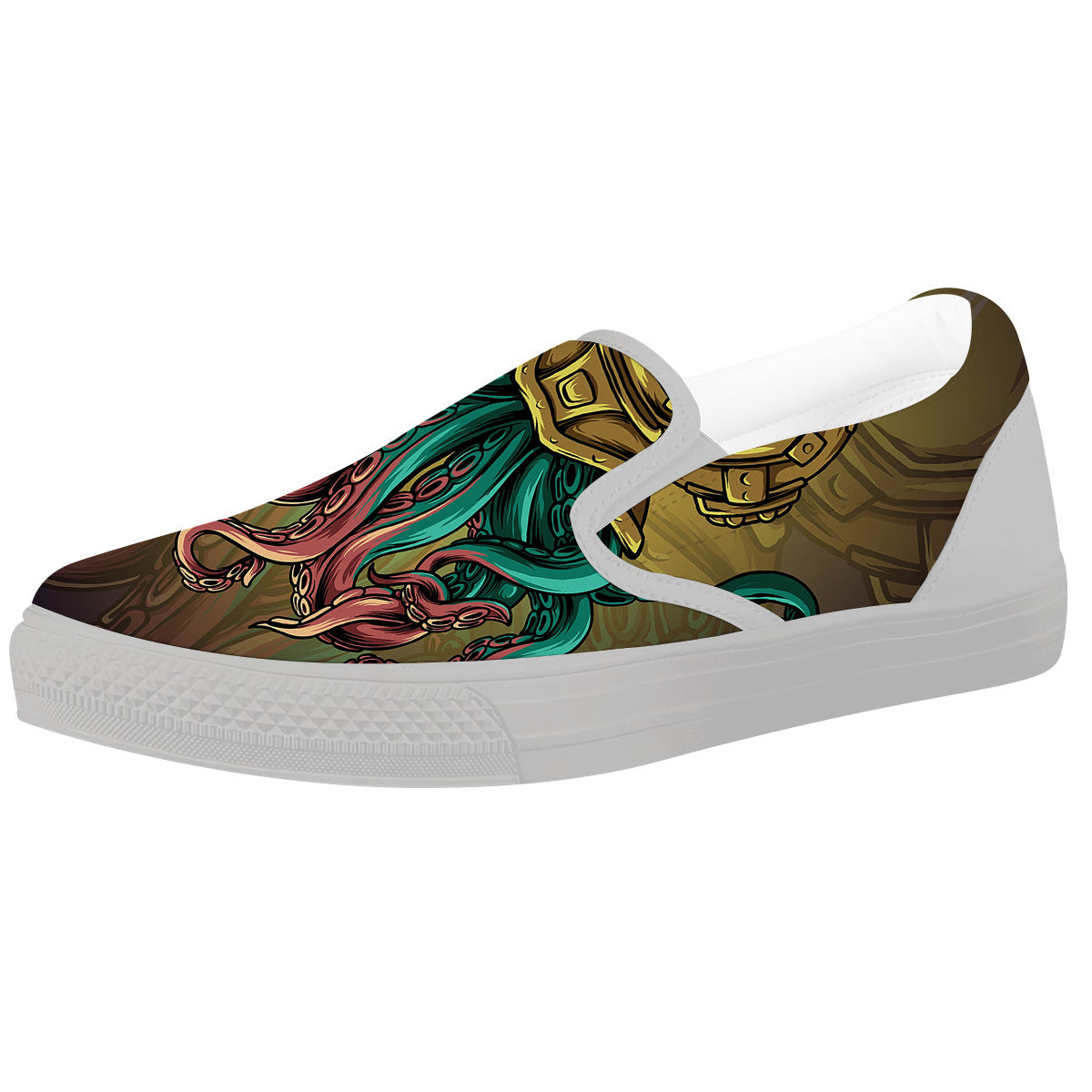 Octopus And Diving Helmet Print White Slip On Shoes-grizzshop