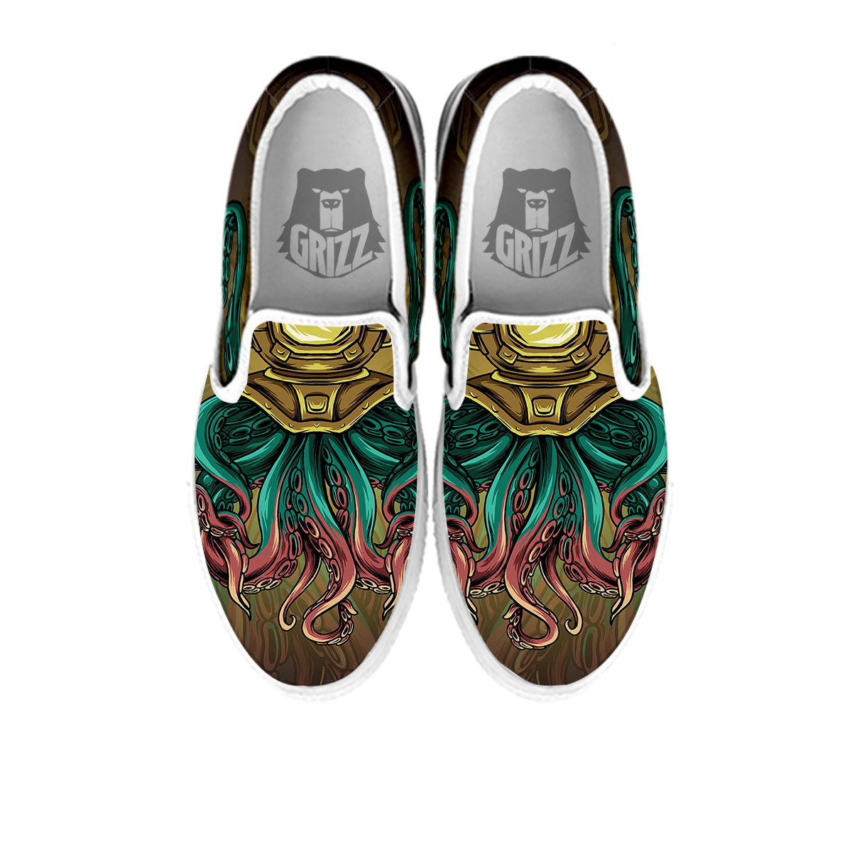 Octopus And Diving Helmet Print White Slip On Shoes-grizzshop
