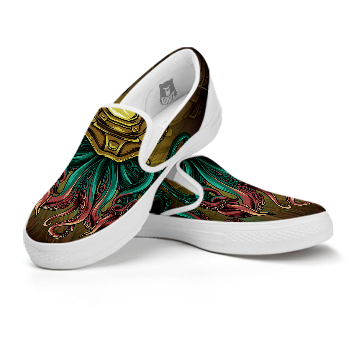Octopus And Diving Helmet Print White Slip On Shoes-grizzshop