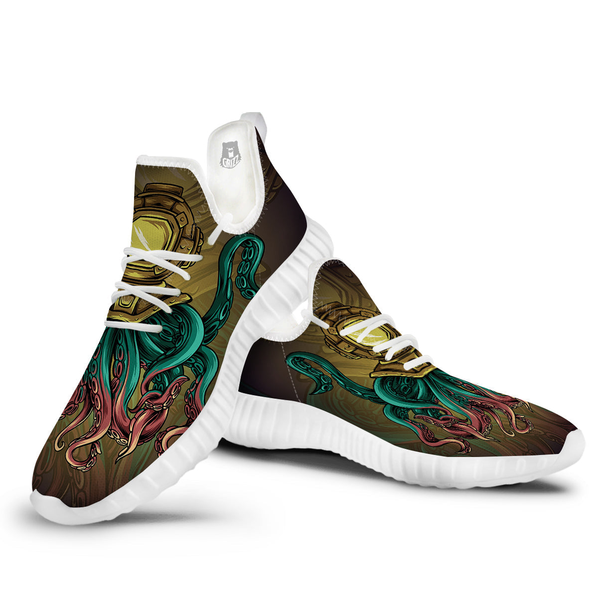 Octopus And Diving Helmet Print White Walking Shoes-grizzshop