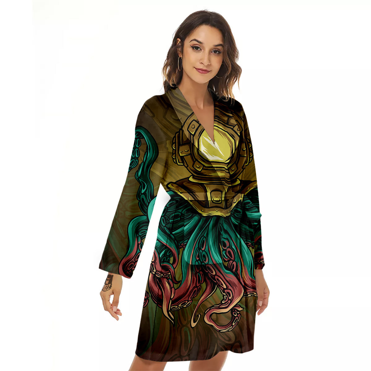 Octopus And Diving Helmet Print Women's Robe-grizzshop