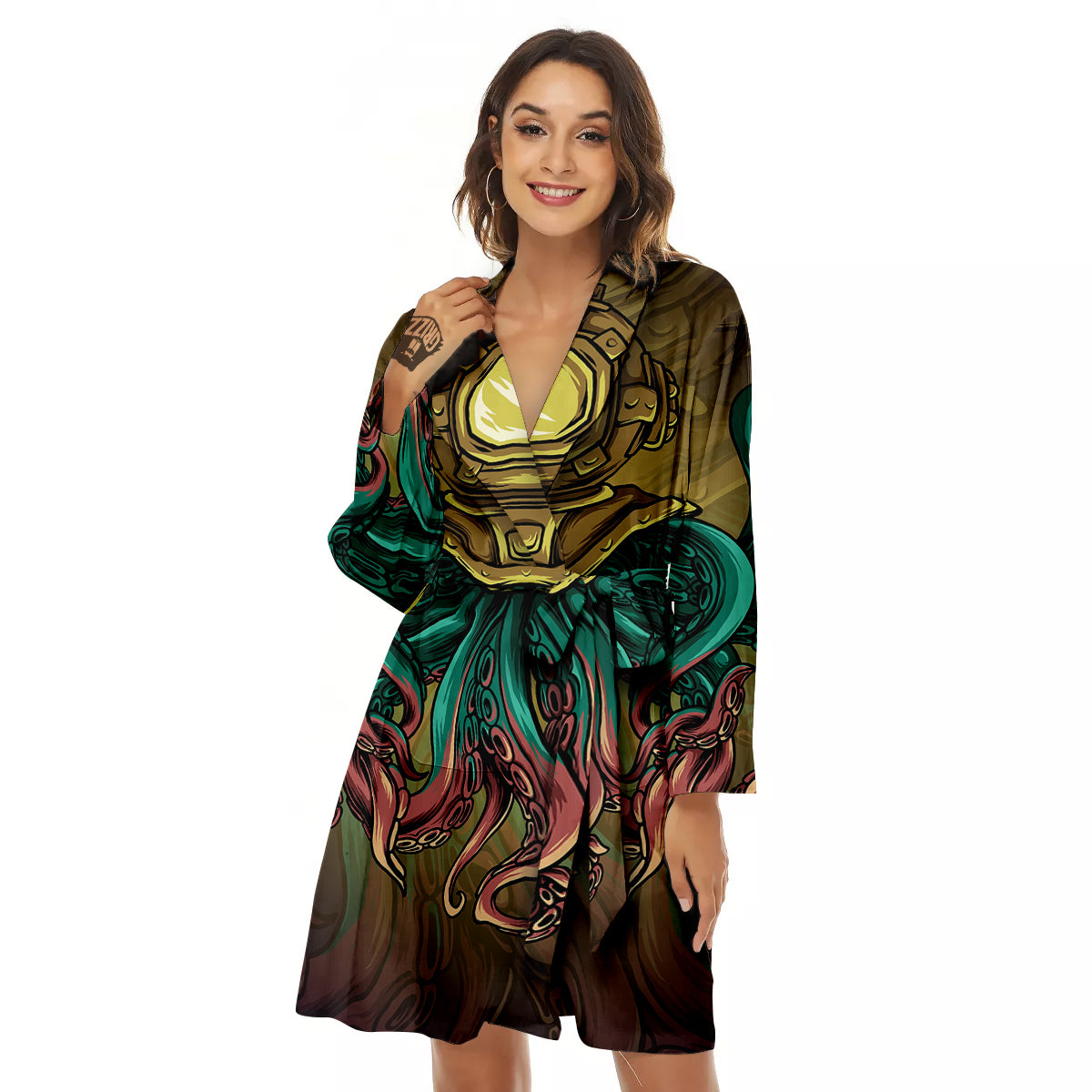 Octopus And Diving Helmet Print Women's Robe-grizzshop