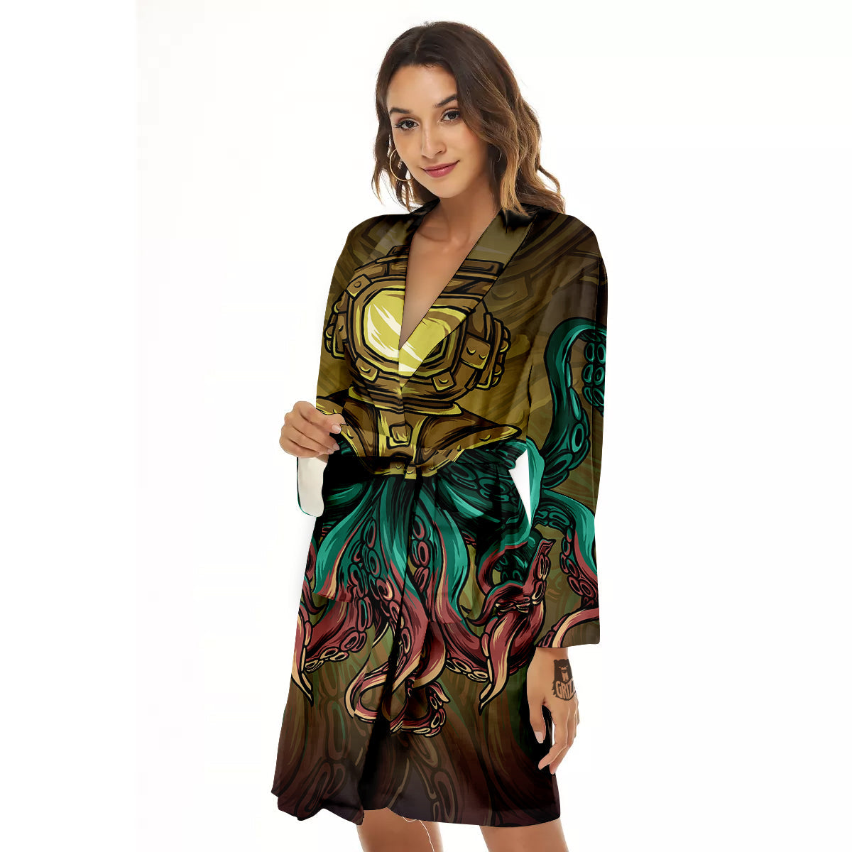 Octopus And Diving Helmet Print Women's Robe-grizzshop