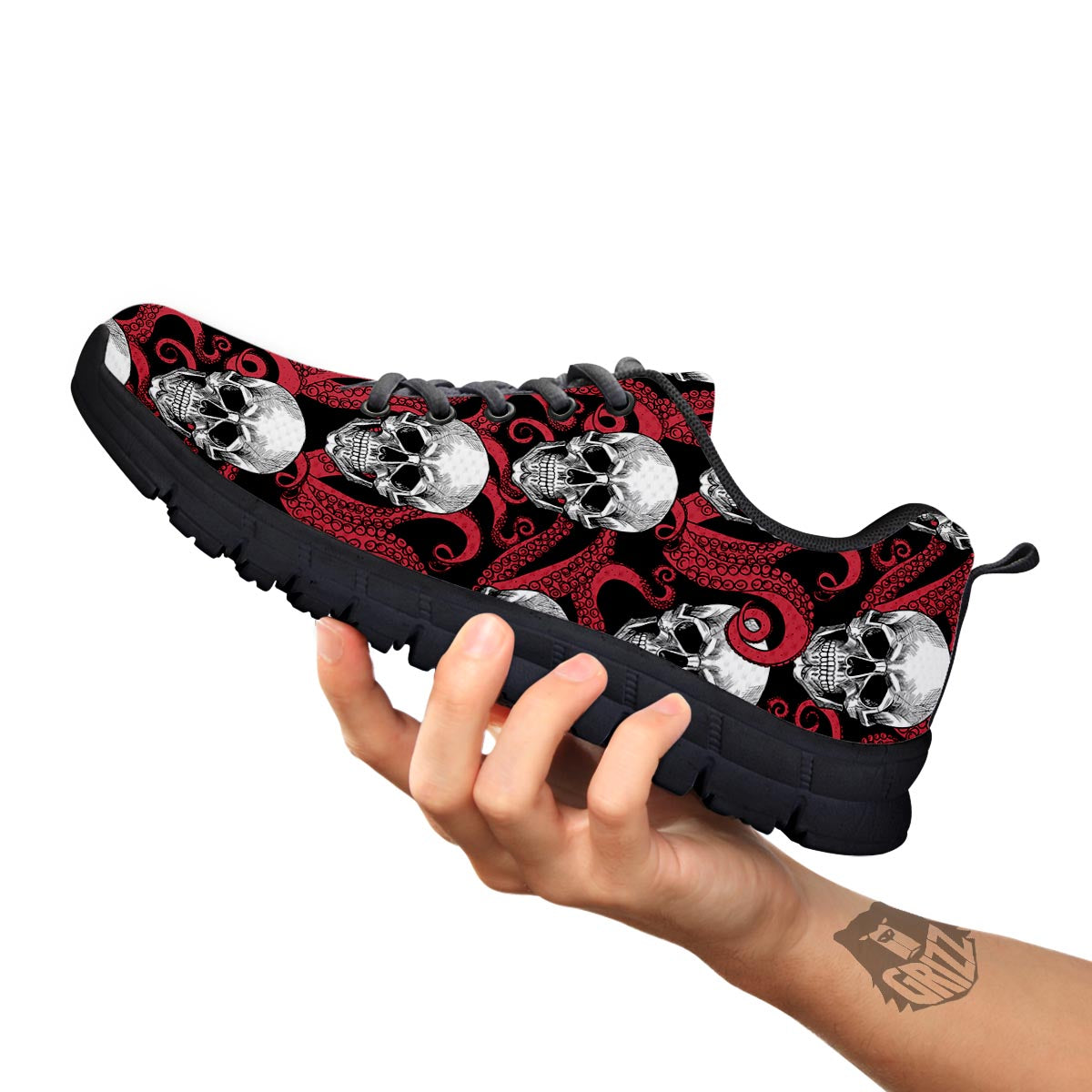 Octopus Skull Red Print Pattern Black Sneaker-grizzshop