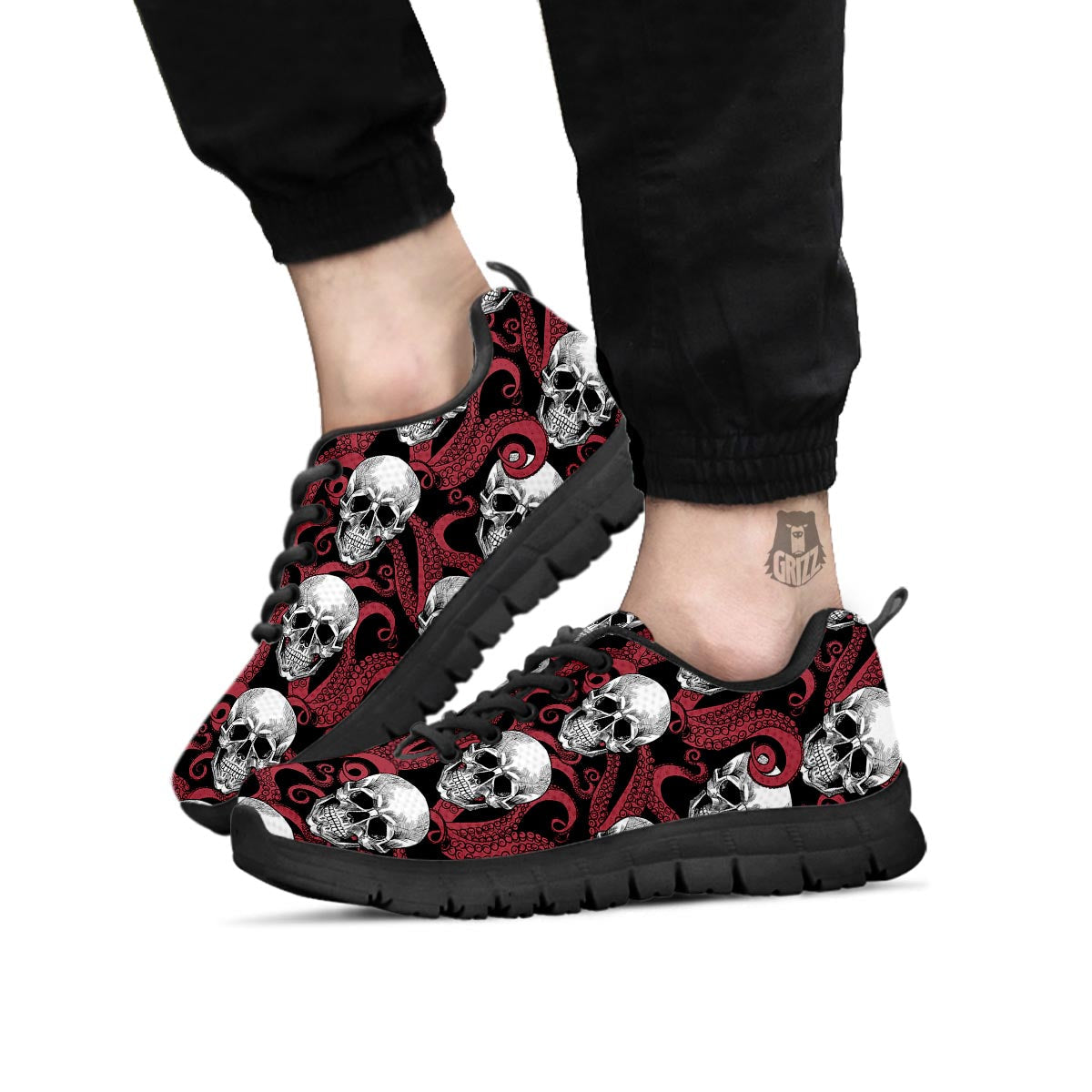 Octopus Skull Red Print Pattern Black Sneaker-grizzshop