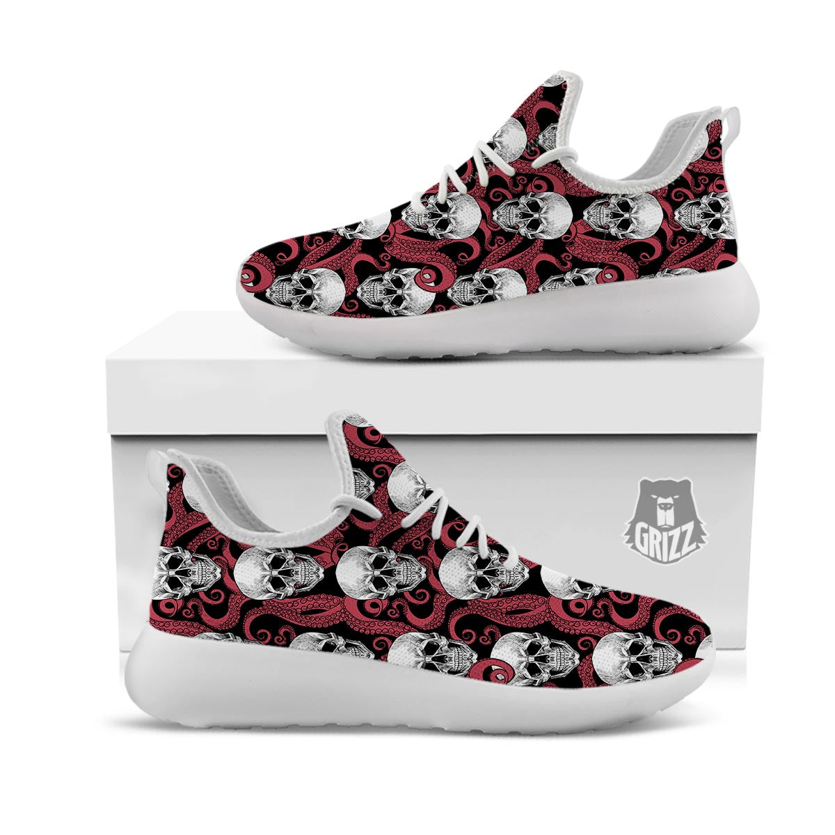 Octopus Skull Red Print Pattern White Athletic Shoes-grizzshop