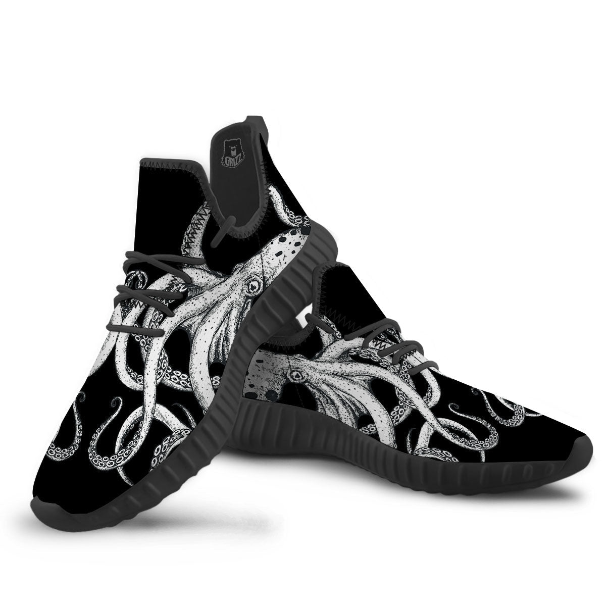 Octopus Tentacles White And Black Print Black Walking Shoes-grizzshop