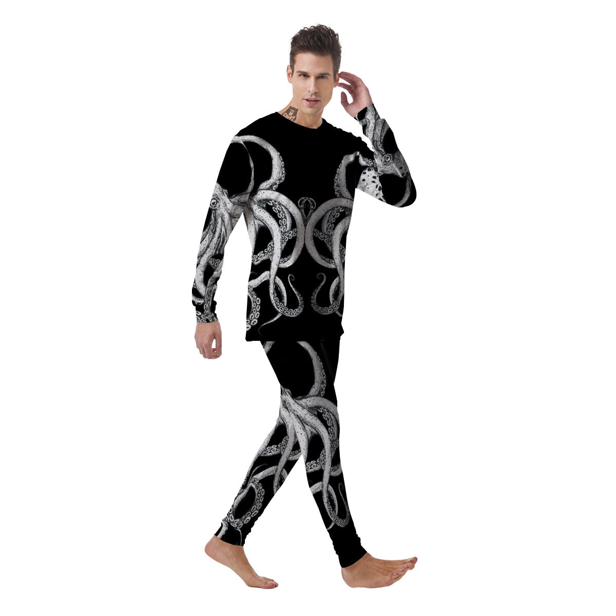 Octopus Tentacles White And Black Print Men's Pajamas-grizzshop