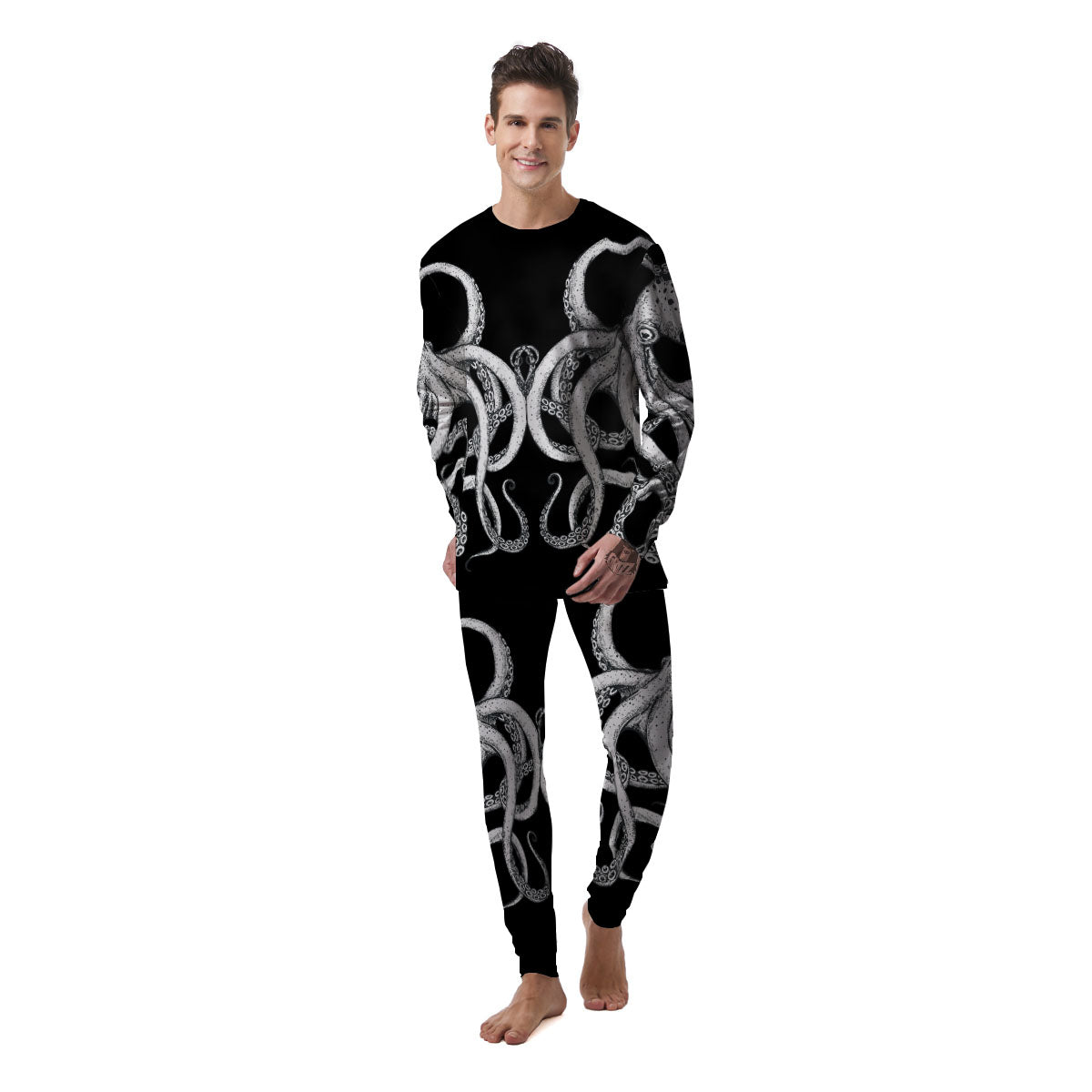 Octopus Tentacles White And Black Print Men's Pajamas-grizzshop