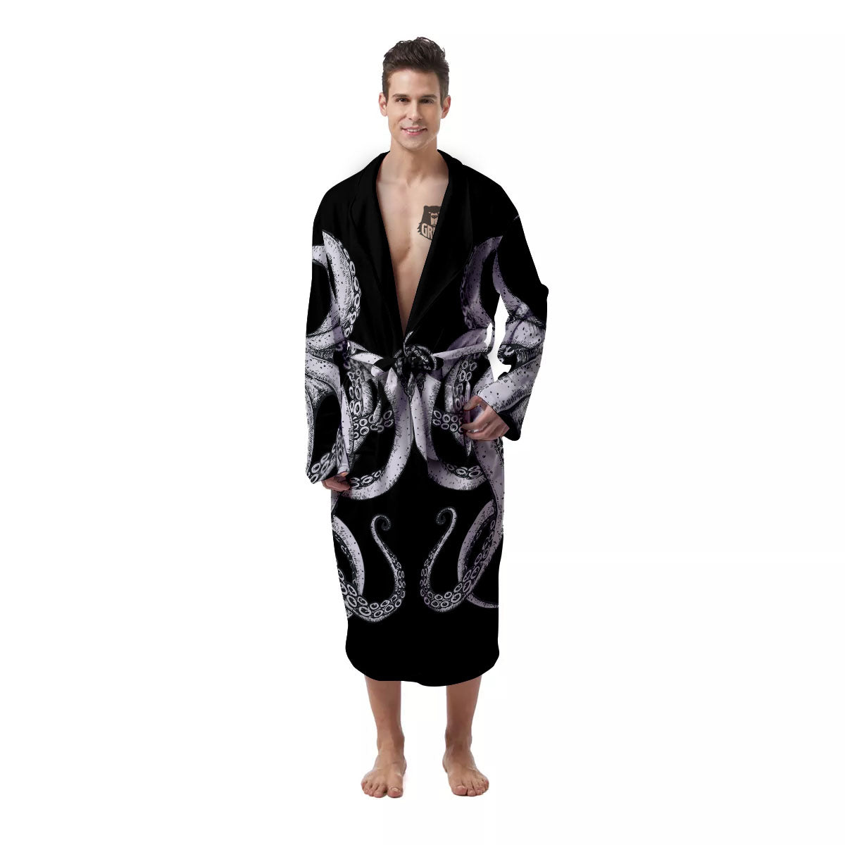 Octopus Tentacles White And Black Print Men's Robe-grizzshop