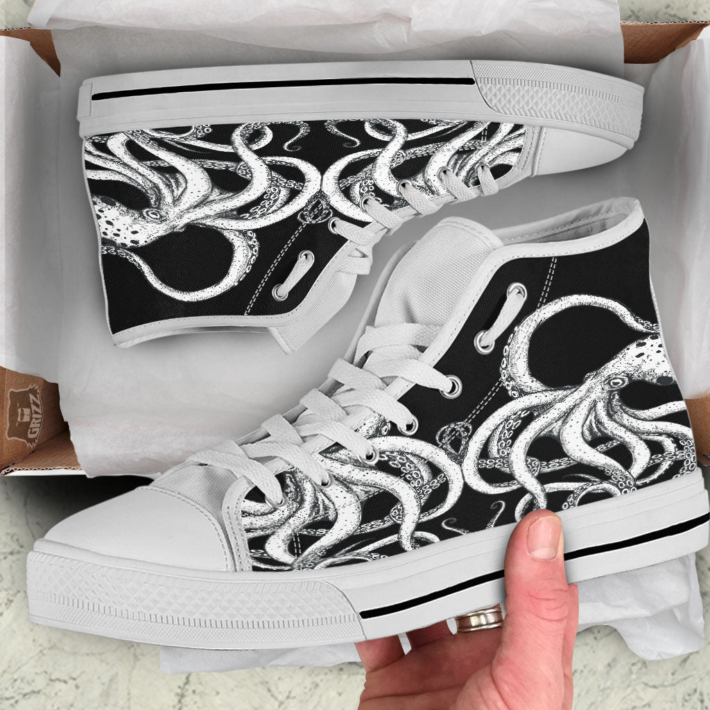 Octopus Tentacles White And Black Print White High Top Shoes-grizzshop