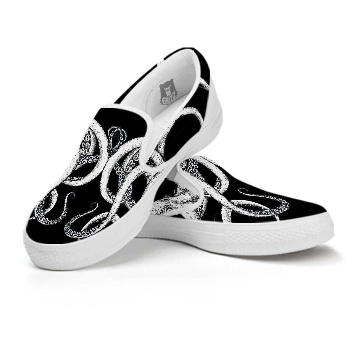 Octopus Tentacles White And Black Print White Slip On Shoes-grizzshop