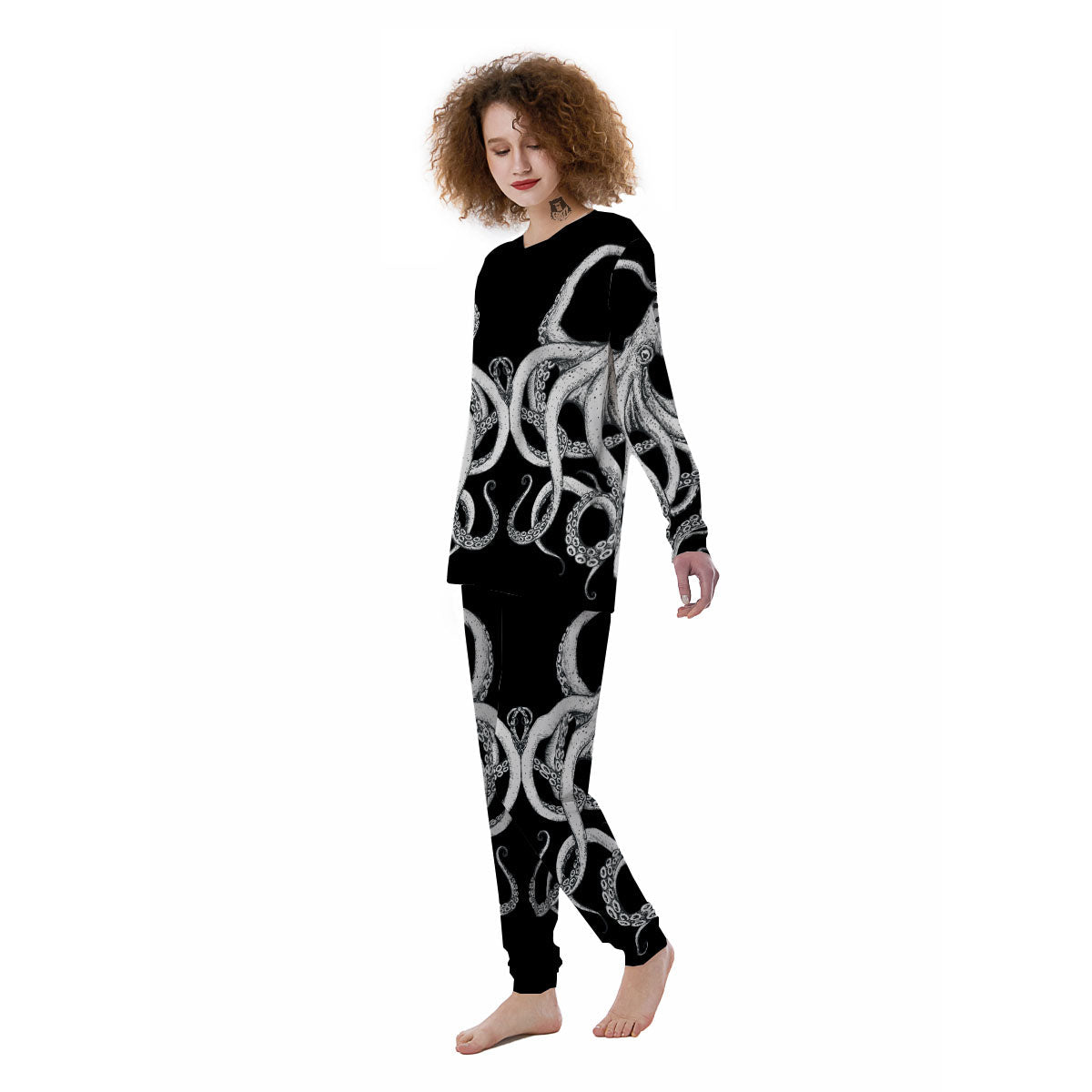 Octopus Tentacles White And Black Print Women's Pajamas-grizzshop