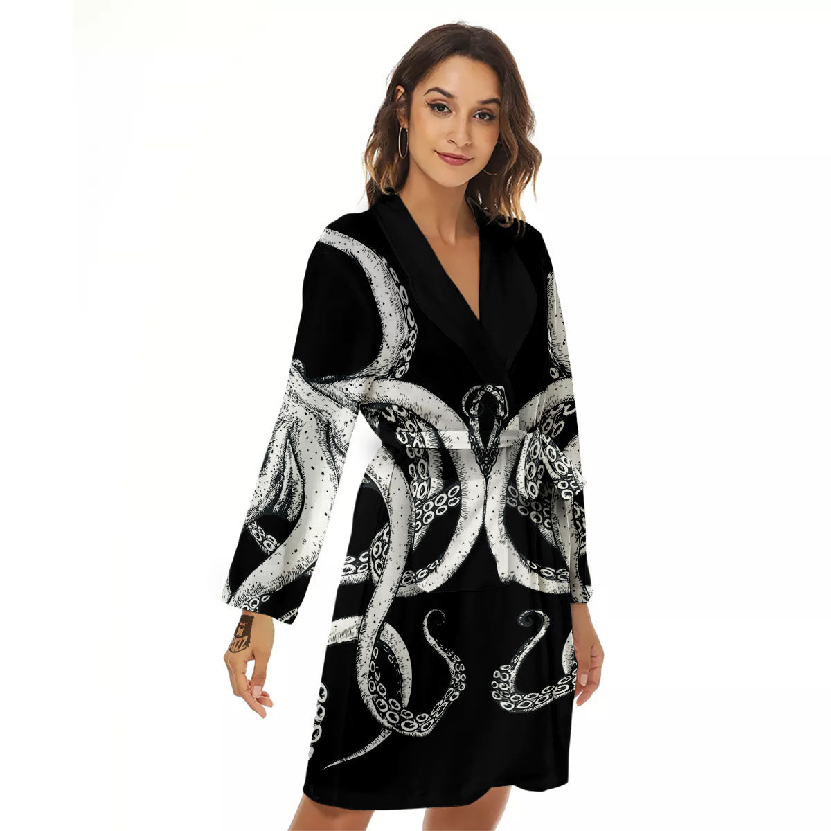 Octopus Tentacles White And Black Print Women's Robe-grizzshop