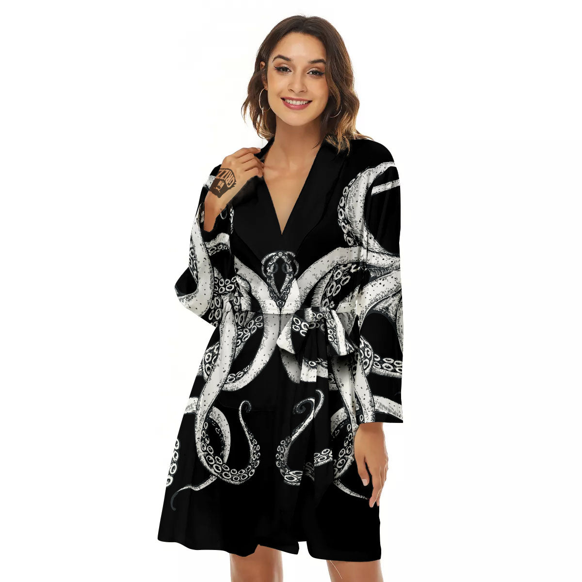Octopus Tentacles White And Black Print Women's Robe-grizzshop