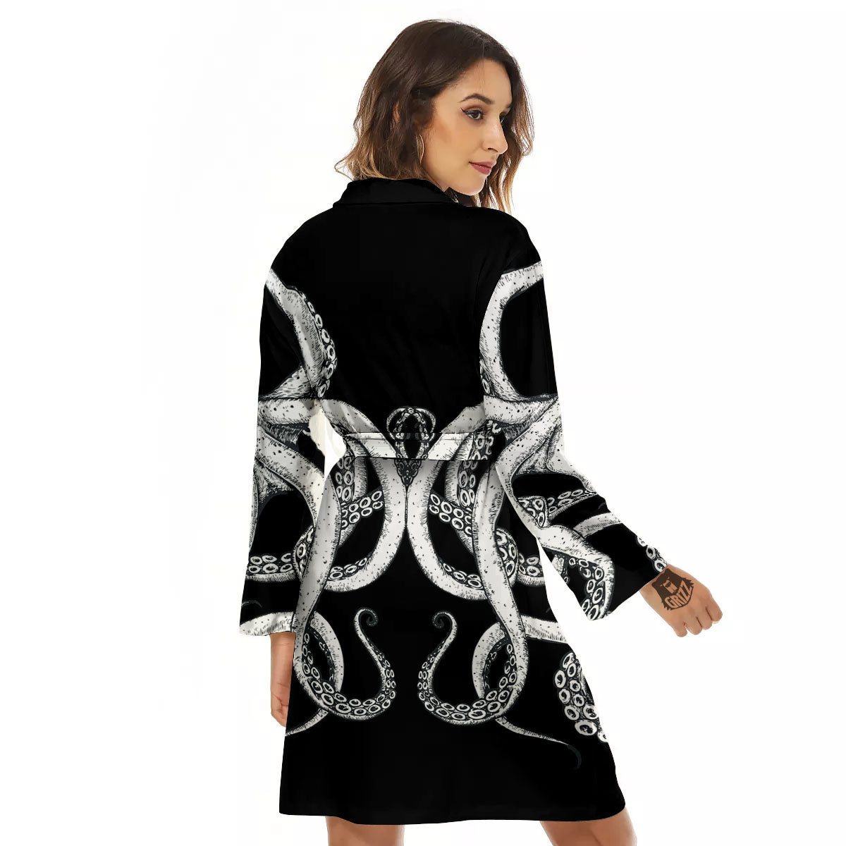 Octopus Tentacles White And Black Print Women's Robe-grizzshop