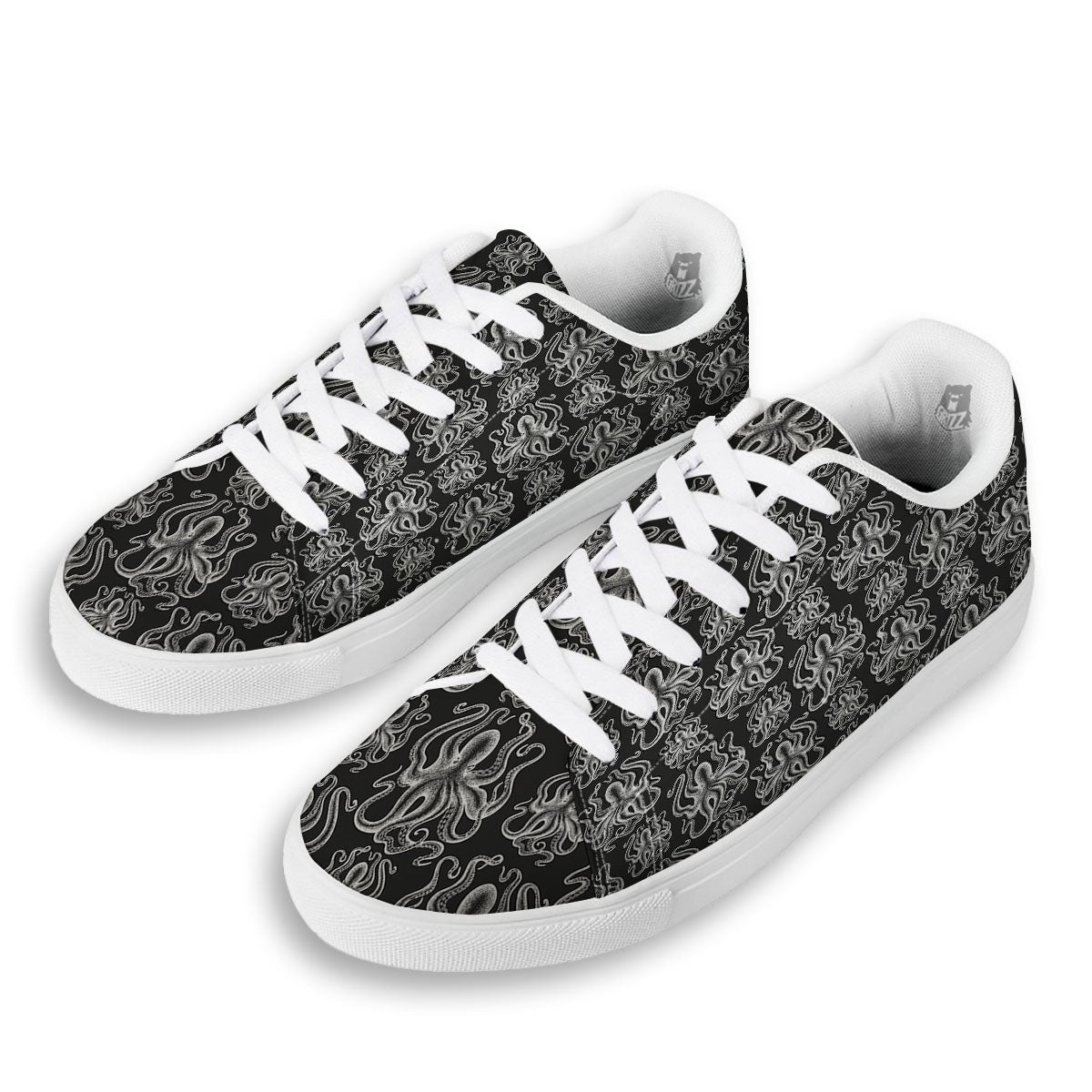 Octopus White And Black Print Pattern White Low Top Sneakers-grizzshop