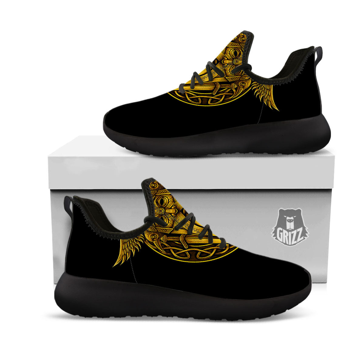 Odin God And Crow Gold Viking Print Black Athletic Shoes-grizzshop