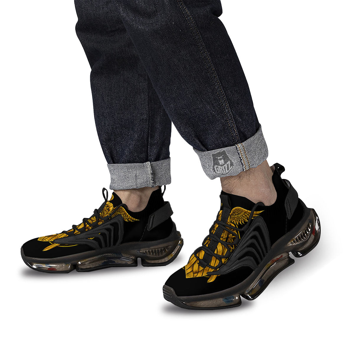 Odin God And Crow Gold Viking Print Black Gym Shoes-grizzshop