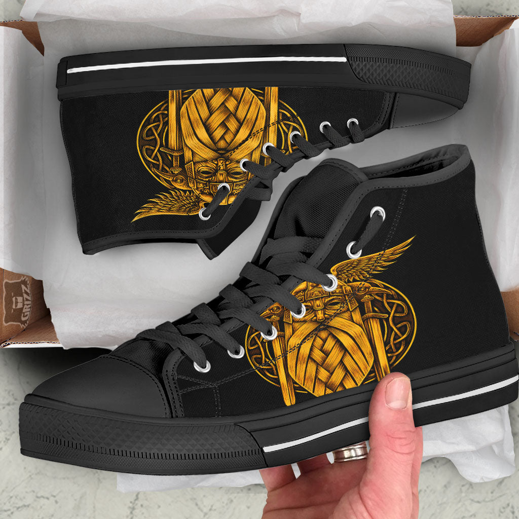 Odin God And Crow Gold Viking Print Black High Top Shoes-grizzshop