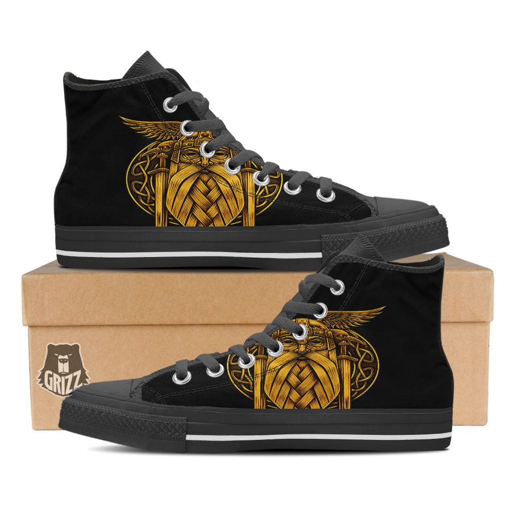 Odin God And Crow Gold Viking Print Black High Top Shoes-grizzshop