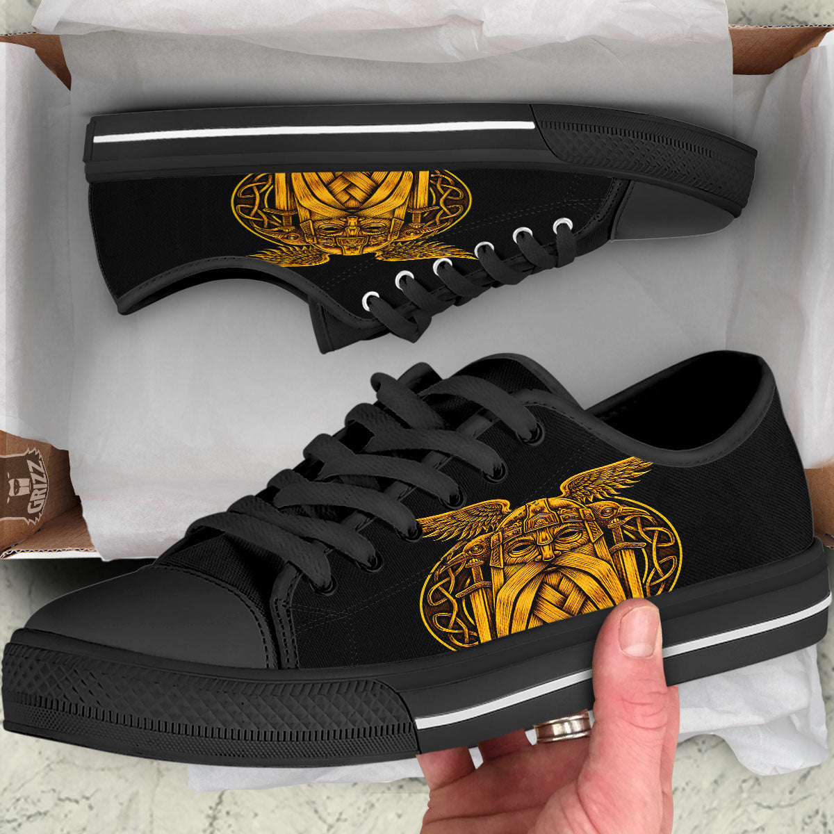 Odin God And Crow Gold Viking Print Black Low Top Shoes-grizzshop