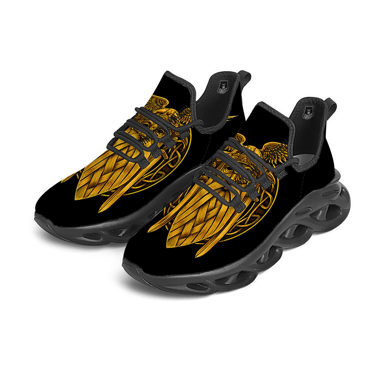Odin God And Crow Gold Viking Print Black Running Shoes-grizzshop