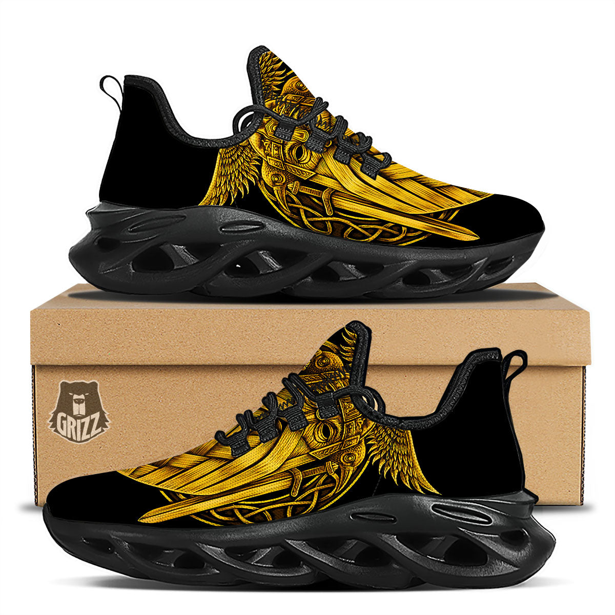 Odin God And Crow Gold Viking Print Black Running Shoes-grizzshop