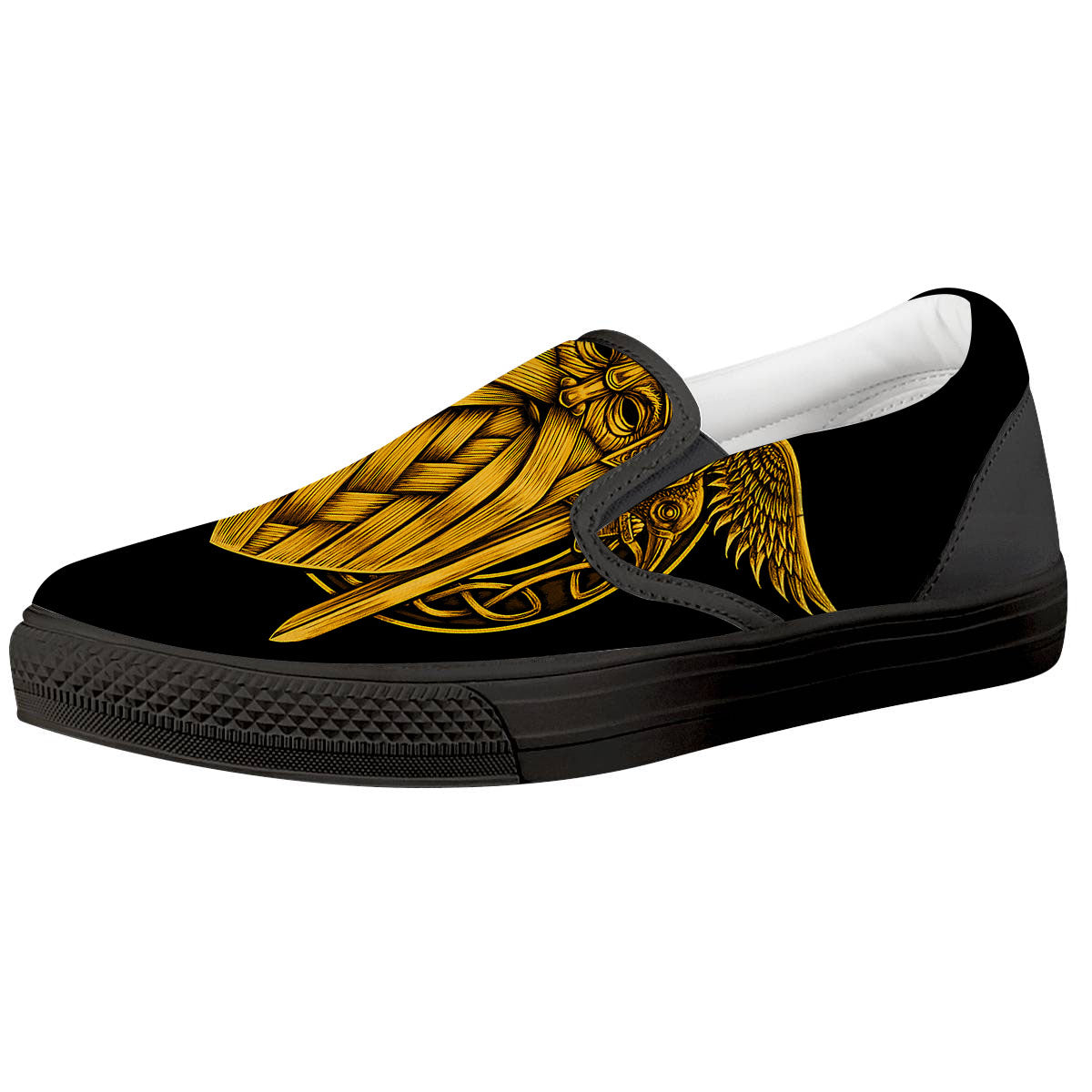 Odin God And Crow Gold Viking Print Black Slip On Shoes-grizzshop