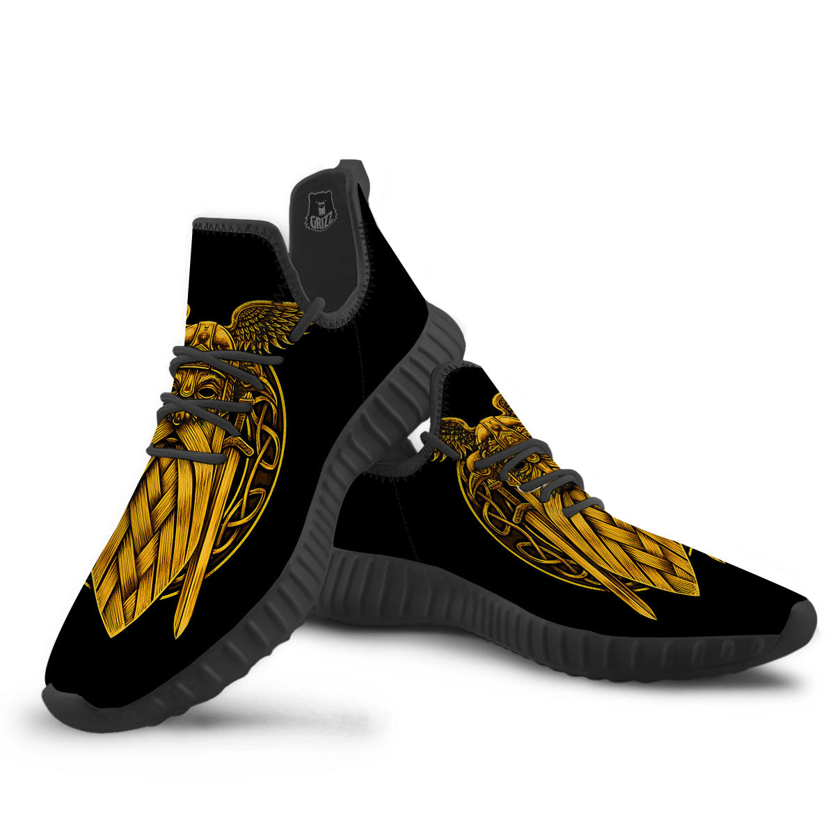 Odin God And Crow Gold Viking Print Black Walking Shoes-grizzshop