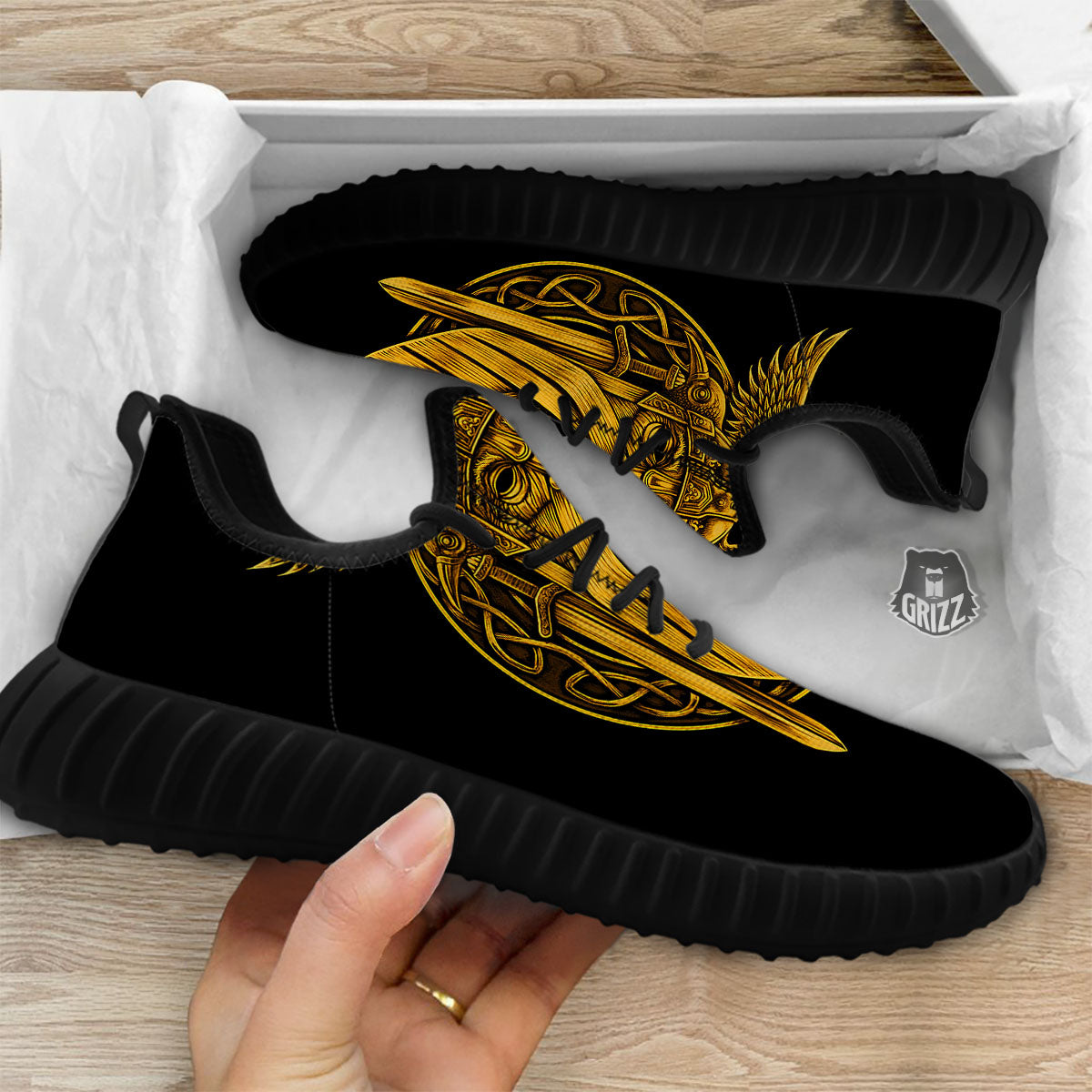 Odin God And Crow Gold Viking Print Black Walking Shoes-grizzshop