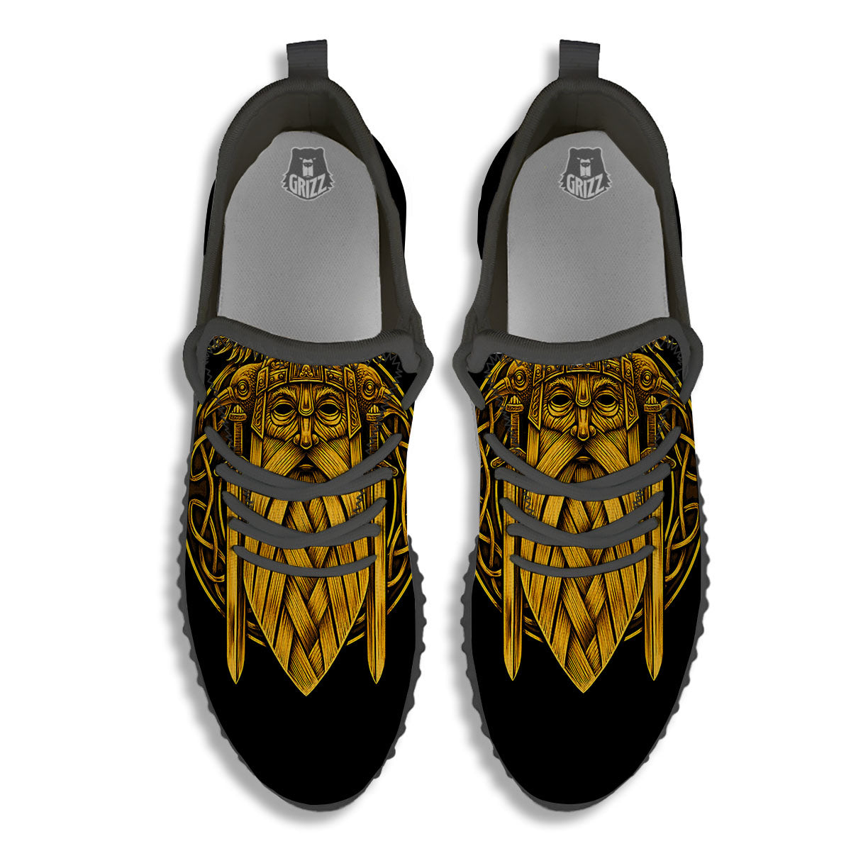 Odin God And Crow Gold Viking Print Black Walking Shoes-grizzshop
